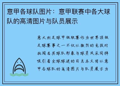 意甲各球队图片：意甲联赛中各大球队的高清图片与队员展示