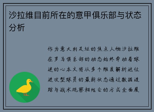 沙拉维目前所在的意甲俱乐部与状态分析