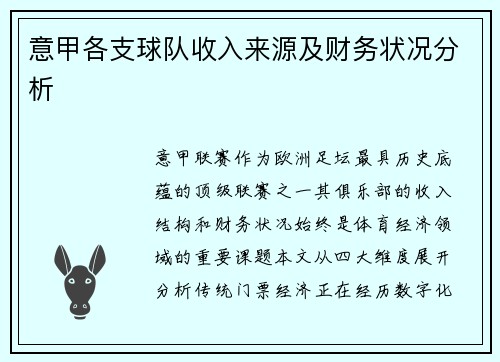 意甲各支球队收入来源及财务状况分析